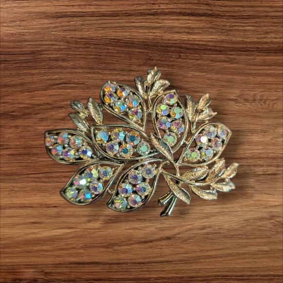 Gold-Tone Leaf Tree Brooch With Aurora Borealis Rhinestones Pin - Picture 3 of 6